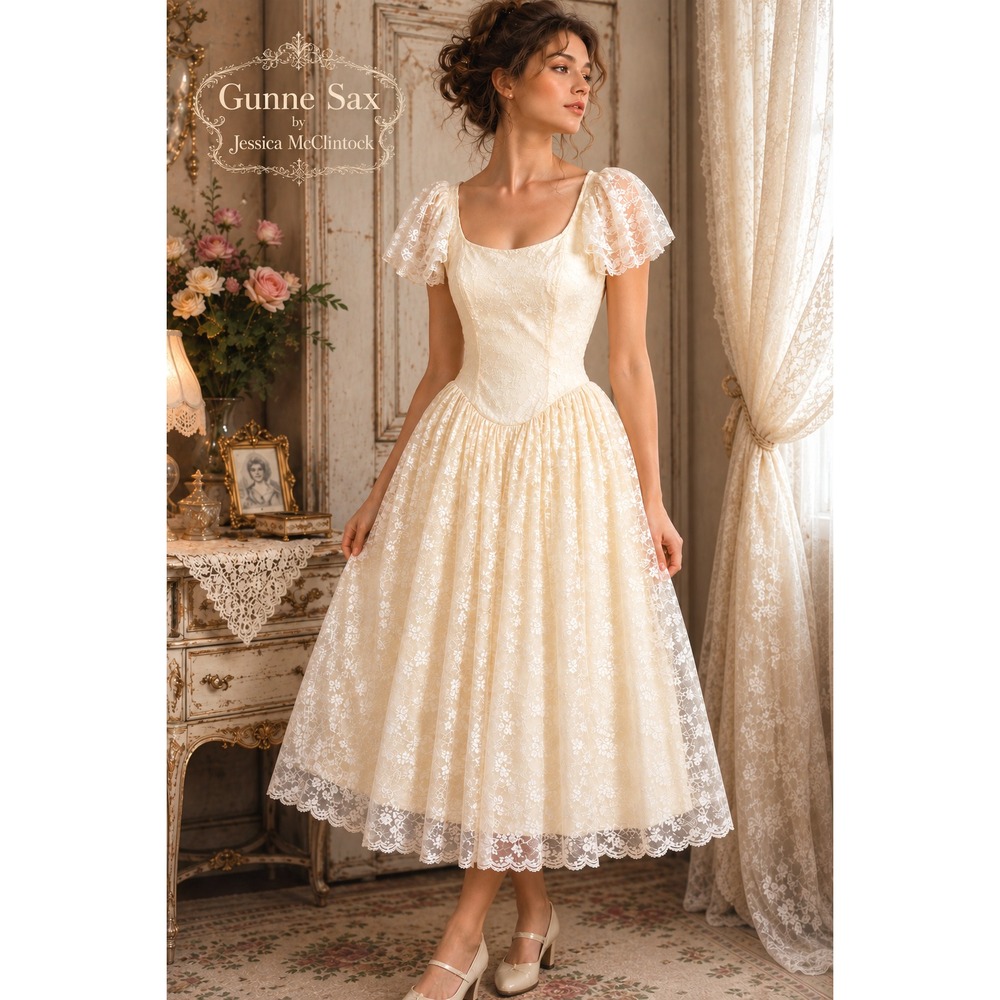 Vintage Gunne Sax Jessica McClintock Ivory Lace Dress Size 7 (XS/S) Made USA NWT
